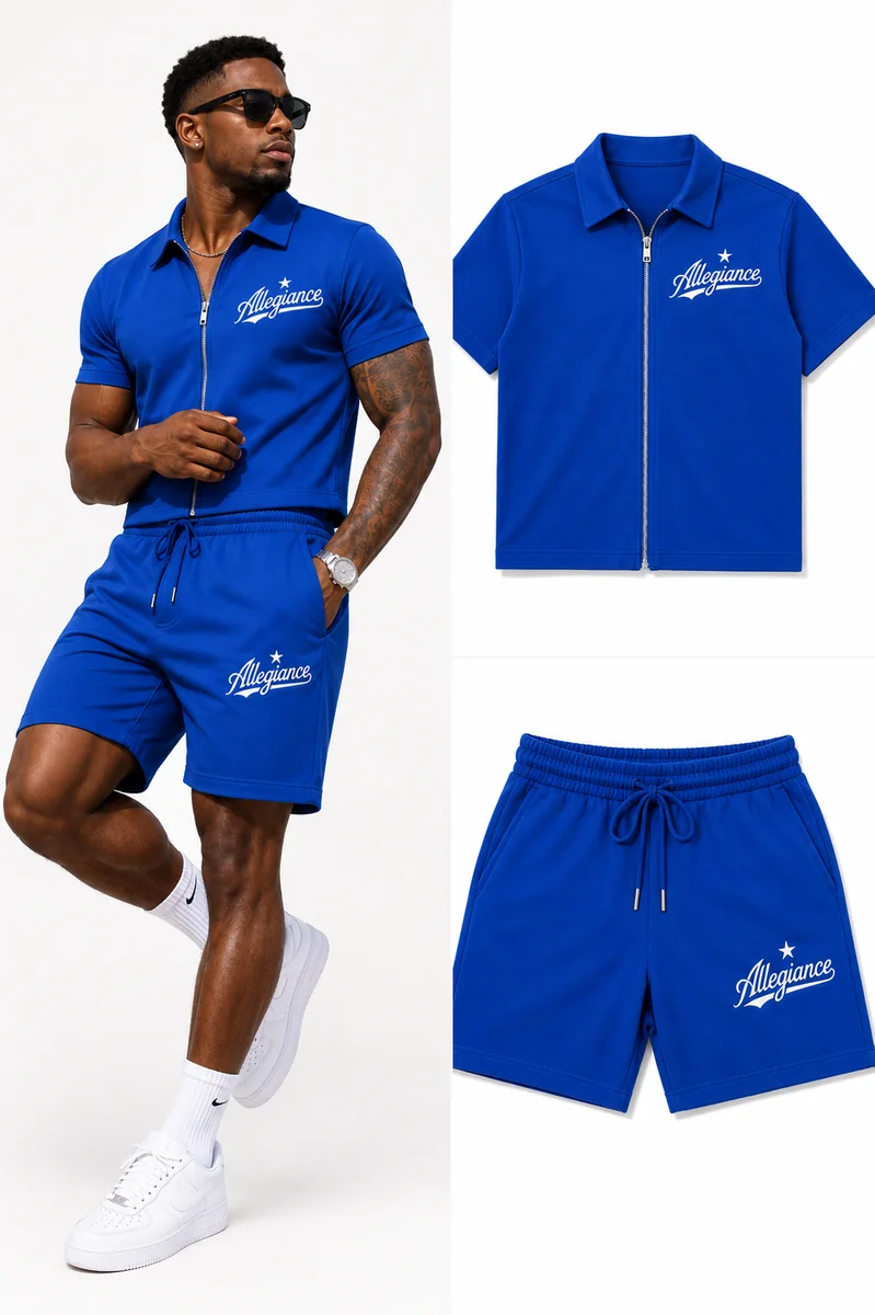 Royal blue Allegiance zip top and shorts